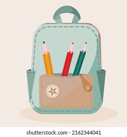 Mochila escolar con lápices de colores en gráficos vectoriales. Arte de bolso infantil para niños de preescolar
