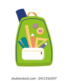 School backpack of colorful set. In this design, the backpack takes center stage, symbolizing the adventures and knowledge waiting to be discovered in the new school year. Vector illustration.