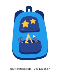 School backpack of colorful set. This charming cartoon illustration captures the essence of school life with a colorful backpack as the star. Vector illustration.