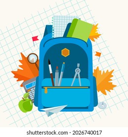 School backpack with colorful supplies, stationery and education items. Vector illustration