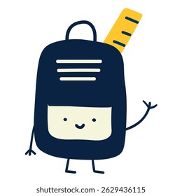 School Backpack cute character waving. Flat vector illustration on white background.