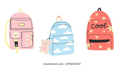 School backpack. Cute funny with pattern students bags, pupils or students rucksacks. Modern contemporary trendy isolated elements, learning equipment for children, vector cartoon flat style set