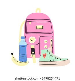 School backpack. Cute funny with pattern student bag and boots, 80s 90s style pupils or students rucksack and markers. Modern contemporary trendy isolated teenagers element, vector cartoon flat set