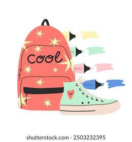 School backpack. Cute funny with pattern student bag and boots, 80s 90s style pupils or students rucksack and markers. Modern contemporary trendy isolated teenagers elements, vector cartoon flat set