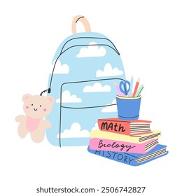 School backpack. Cute funny with pattern student bag and books, 80s 90s style pupils or students rucksack and stationery. Modern contemporary trendy isolated teenagers element, vector cartoon flat set