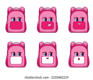 School backpack cute pink for a girl. Collection of colorful children's bags. Backpack with a face. Funny cartoon stationery backpack, neat vector illustration. Backpack for a child in kind