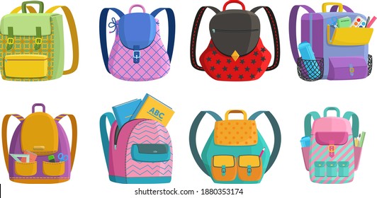 School backpack detailed set with books, pencils and stuff, education concept