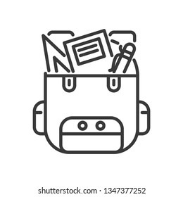 School backpack for eduaction with note, pencil and ruler line icon