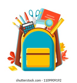 School Backpack With Education Items. Illustration Of Colorful Supplies And Stationery.