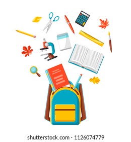 School backpack with education items. Illustration of colorful supplies and stationery.