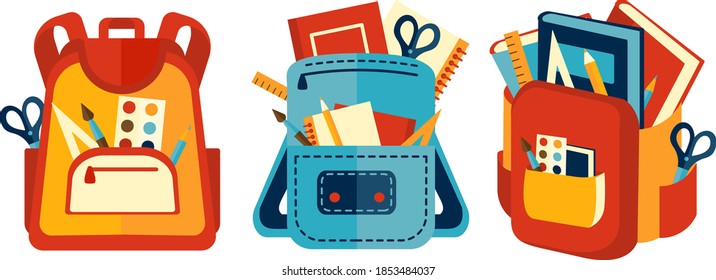  School backpack. Education, study back to school concept,  vector illustration. Student satchels with equipment. Kids school bag with education supplies.