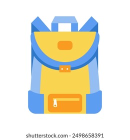 School backpack. Education and study back to school concept, schoolbag luggage, rucksack. Blue and yellow schoolbag flat vector illustration isolated on white background