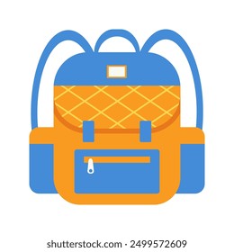 School backpack. Education and study back to school concept, schoolbag luggage, rucksack. Blue and orange schoolbag flat vector illustration isolated on white background