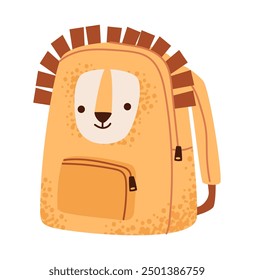 School backpack with the face of a lion isolated on white background. Cute schoolbag for kids. Flat vector illustration.