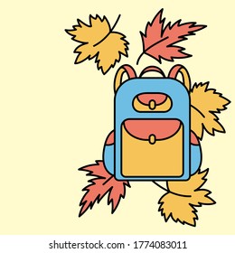 School backpack and falling autumn leaves in a flat style. The beginning of the school year. Space for text.