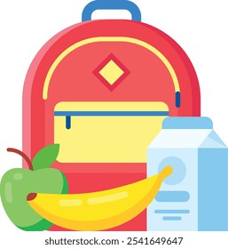 School backpack filled with nutritious snacks like green apple, banana, and milk carton, encouraging healthy eating for students