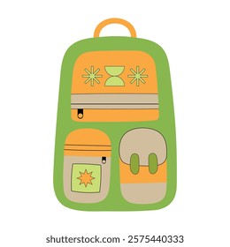 School backpack in flat style. School bag green and orange. Isolated vector illustration.