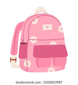 School backpack with flower print isolated on white background. Cute schoolbag for kids. Flat vector illustration.