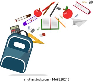 From the school backpack fly books, pencils, an apple and a calculator on a white. Back to school.