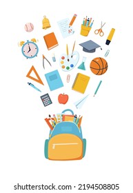 School backpack with fly education items. Stationary, books, ball and clock. Cartoon flat vector illustration 