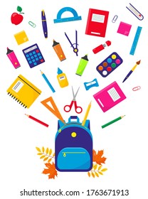 School backpack and  flying suppliens set vector illustration on white background. Back to school concept. Educational or office equipment.