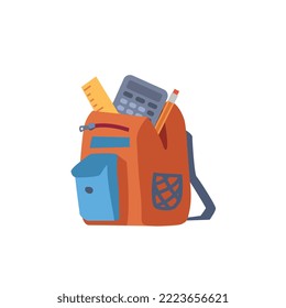 School backpack full with stationery and textbooks, flat vector illustration isolated on white background. Backpack symbol for concept of education and back to school.