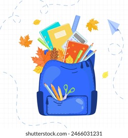 School backpack full of supplies and autumn leaves. Welcome back to school concept.Colorful vector illustration.Open Children's school bag with flying stationery, design for web, print, card, banner