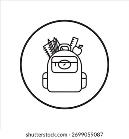 Mochila escolar llena de suministros Vector de iconos de contorno
