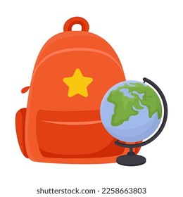 Mochila escolar y globo geográfico para la ilustración vectorial infantil. Dibujo de caricatura de la bolsa de la escuela aislada en fondo blanco. Concepto de educación