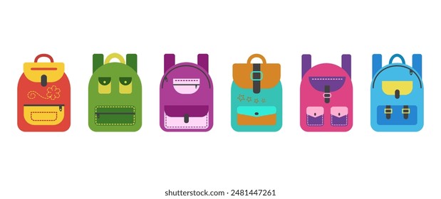 School backpack icon, cartoon rucksack set front view, school bag, colorful haversack, cute child knapsack isolated on white background. Education vector illustration