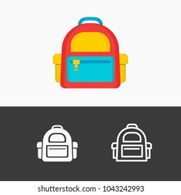 School backpack icon set colorful, line, white style isolated on background. Vector Illustration