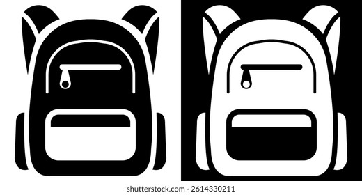 School Backpack Icon Vector Set. Black and White Minimalist Bag Illustration.
