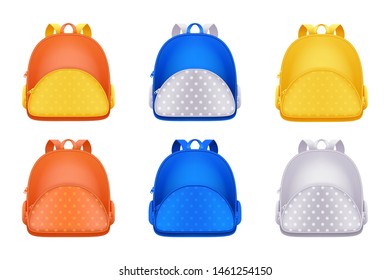 School backpack icons, isolated on white background. Vector 3d realistic illustration of multicolor kids rucksack. Education or travel modern design elements.
