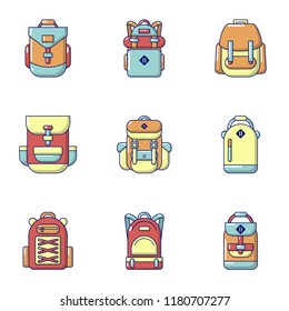 School backpack icons set. Cartoon set of 9 school backpack vector icons for web isolated on white background