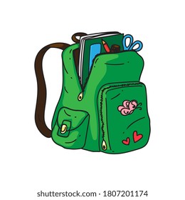 School Backpack. Isolated Cartoon Green Open College Bag With School Supplies Stationery, Books And Straps Doodle Icon. Student Child Schoolbag Backpack Object. Vector Education And Study Concept