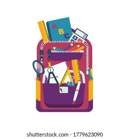 School backpack with items. Student bag with class items. Back to school with school elements. Concept education. Vector illustration flat design.