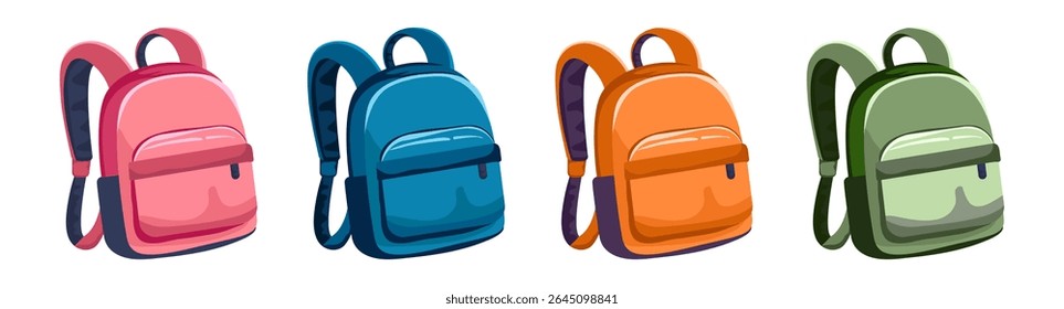 School backpack for kids, blue, pink, orange and green colors. Children's briefcase, school bag for supplies. Back to school, education, vector illustration, flat style, isolated