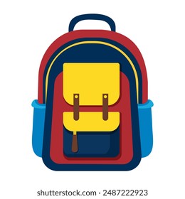 Mochila escolar para niños, colores azul, rojo y amarillo. Maletín para niños, mochila escolar para útiles. Volver a la escuela, educación, Ilustración vectorial, estilo plano, aislado
