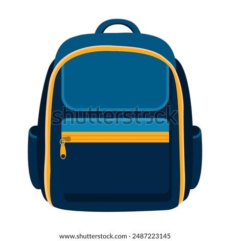 School backpack for kids, blue and yellow colors. Children's briefcase, school bag for supplies. Back to school, education, vector illustration, flat style, isolated