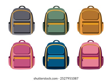 School backpack for kids, set in green, pink, blue, grey and yellow. Children's briefcase, school bag for supplies. Back to school, education, vector illustration, flat style, isolated