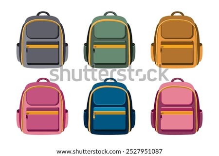 School backpack for kids, set in green, pink, blue, grey and yellow. Children's briefcase, school bag for supplies. Back to school, education, vector illustration, flat style, isolated