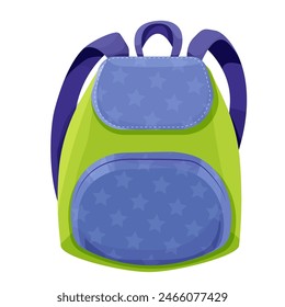 School backpack knapsack study bag, equipment, kids bag with pockets bright colors isolated on white background. Accesory for suplies, baggage.