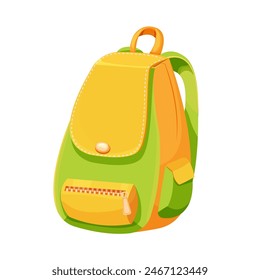 School backpack knapsack study bag, equipment, kids bag with pockets bright colors isolated on white background. Accesory for suplies, baggage.