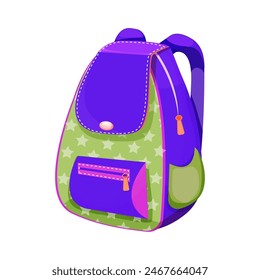 School backpack knapsack study bag, equipment, kids bag with pockets bright colors isolated on white background. Accesory for suplies, baggage.