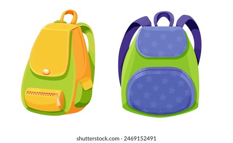 School backpack knapsack study bag, equipment, kids bag with pockets bright colors isolated on white background. Accesory for suplies, baggage.