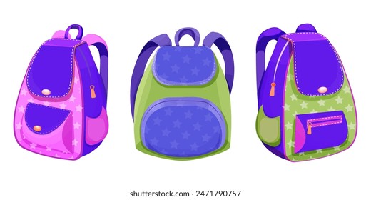 School backpack knapsack study bag, equipment, kids bag with pockets bright colors isolated on white background. Accesory for suplies, baggage.