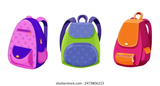 School backpack knapsack study bag, equipment, kids bag with pockets bright colors isolated on white background. Accesory for suplies, baggage.