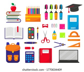 School  backpack, laptop and supplies set vector illustration on white background. Elements for Back-to-school concept.