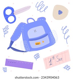 school backpack and learnings suplies, knapsack and stationery flat illustration