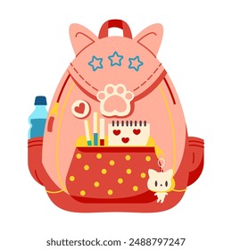 School backpack of little girl 2D cartoon object. Schoolbag with cat ears, supplies and water bottle color vector item on white background